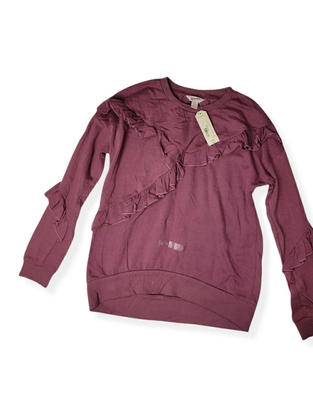 Arizona Jeans womans crew neck sweater with ruffles in Mulberry XS NWT